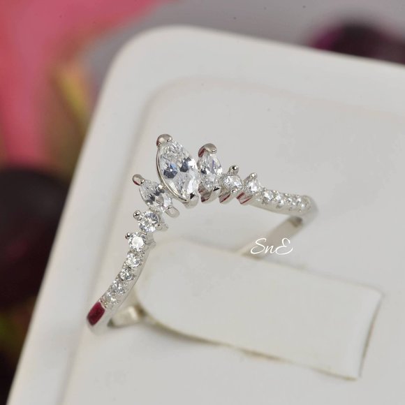 Round Marquis Diamond Enhancer Guard Ring 14K White Gold Crown Wedding Band - Picture 1 of 4